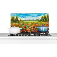 KitchenYeah Spatscherm keuken 90x45 cm - Kookplaat achterwand Schilderij - Olieverf - Bloemen - Natuur - Muurbeschermer - Spatwand fornuis - Hoogwaardig aluminium