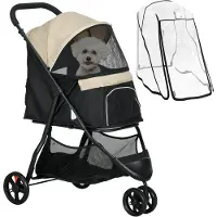 PawHut 2 in 1 Hundewagen Hundebuggy mit Regenschutz klappbar für Hunde & Katzen bis 10 kg Katzenbuggy mit Kissen Netzfenstern Türen Aufbewahrungskorb Katzenwagen Buggy Khaki