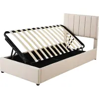 Merax Eenpersoonsbed 90x200 cm – Beige – Gestoffeerd – Hydraulisch Opbergruimte