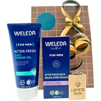 Weleda Cadeauset Douche & Aftershave Papa - After Shave Balm 100ml Men - Douchegel 200ml Men Active Fresh 3-in-1 - Sleutelhanger Hout Liefste Papa