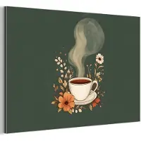 MuchoWow Aluminium schilderij 90x60 cm - Wanddecoratie metaal - Kop - Bloemen - Groen - Koffie - Metalen muurdecoratie woonkamer - Decoratie industrieel - Foto op dibond - Industriële accessoires slaapkamer