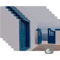 KitchenYeah Placemat - Placemats kunststof - Deur - Blauw - Wit - Architectuur - 45x30 cm - 6 stuks - Hittebestendig - Anti-Slip - Onderlegger - Afneembaar