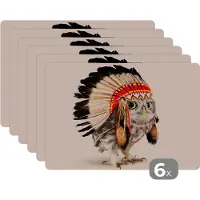 KitchenYeah Placemat - Placemats kunststof - Dier - Uil - Indiaan - Vogel - 45x30 cm - 6 stuks - Hittebestendig - Anti-Slip - Onderlegger - Afneembaar