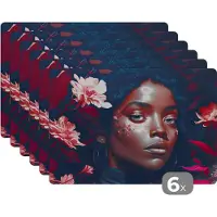 KitchenYeah Placemat - Placemats kunststof - Bloemen - Vrouw - Portret - Illustratie - 45x30 cm - 6 stuks - Hittebestendig - Anti-Slip - Onderlegger - Afneembaar