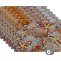 KitchenYeah Placemat - Placemats kunststof - Schelpen - Parels - Zeesterren - Strand - 45x30 cm - 6 stuks - Hittebestendig - Anti-Slip - Onderlegger - Afneembaar