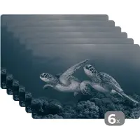 KitchenYeah Placemat - Placemats kunststof - Schildpad - Zeedieren - Zwart wit - Wilde dieren - 45x30 cm - 6 stuks - Hittebestendig - Anti-Slip - Onderlegger - Afneembaar