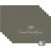 KitchenYeah Placemat - Placemats kunststof - Quotes - Spreuken - Coffee survival juice - Koffie definitie - Woordenboek - 45x30 cm - 6 stuks - Hittebestendig - Anti-Slip - Onderlegger - Afneembaar