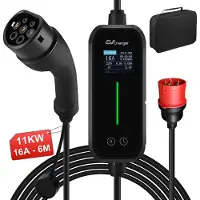 Junsun Draagbare 11kW 16A 3-Fase EV Laadkabel - Type 2 Laadpaal met App/WiFi Bediening, 6M Kabel + LCD Scherm & Opbergtas - 6A/8A/10A/13A/16A Schakelbaar - IEC62196-2 & IP65 Zwart