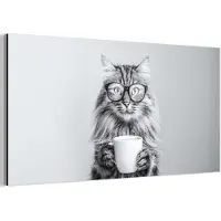 MuchoWow Aluminium schilderij 160x80 cm - Wanddecoratie metaal - Kat - Bril - Mok - Pluizig - Metalen muurdecoratie woonkamer - Decoratie industrieel - Foto op dibond - Industriële accessoires slaapkamer