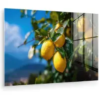 MuchoWow Glasschilderij 120x80 cm - Schilderij acrylglas - Citroenen - Bladeren - Blauwe lucht - Foto op glas - Muurdecoratie woonkamer - Wanddecoratie slaapkamer - Schilderijen