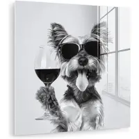 MuchoWow Glasschilderij 50x50 cm - Schilderij acrylglas - Hondje - Wijnglas - Zonnebril - Enthousiast - Foto op glas - Muurdecoratie woonkamer - Wanddecoratie slaapkamer - Schilderijen