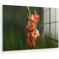 MuchoWow Glasschilderij 180x120 cm - Schilderij acrylglas - Bloem - Gladiolen - Zalmroze - Foto op glas - Muurdecoratie woonkamer - Wanddecoratie slaapkamer - Schilderijen