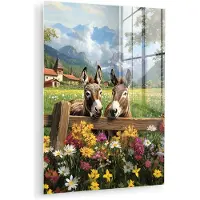 MuchoWow Glasschilderij 90x120 cm - Schilderij acrylglas - Ezels - Bloemen - Zomers - Foto op glas - Muurdecoratie woonkamer - Wanddecoratie slaapkamer - Schilderijen