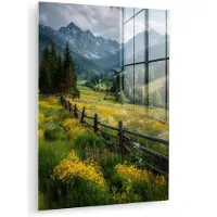 MuchoWow Glasschilderij 30x40 cm - Schilderij acrylglas - Veld - Hek - Bergen - Bloemen - Foto op glas - Muurdecoratie woonkamer - Wanddecoratie slaapkamer - Schilderijen