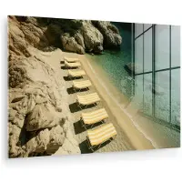 MuchoWow Glasschilderij 180x120 cm - Schilderij acrylglas - Strandbedden - Zee - Stenen - Baai - Foto op glas - Muurdecoratie woonkamer - Wanddecoratie slaapkamer - Schilderijen