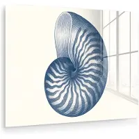 MuchoWow Glasschilderij 80x60 cm - Schilderij acrylglas - Blauw - Schelp - Spiraal - Foto op glas - Muurdecoratie woonkamer - Wanddecoratie slaapkamer - Schilderijen