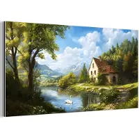 MuchoWow Aluminium schilderij 80x40 cm - Wanddecoratie metaal - Zwaan - Bomen - Rust - Metalen muurdecoratie woonkamer - Decoratie industrieel - Foto op dibond - Industriële accessoires slaapkamer