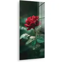 MuchoWow Glasschilderij 20x40 cm - Schilderij acrylglas - Roos - Bladeren - Dieprood - Foto op glas - Muurdecoratie woonkamer - Wanddecoratie slaapkamer - Schilderijen