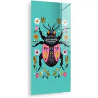 MuchoWow Glasschilderij 80x160 cm - Schilderij acrylglas - Kever - Bloemmotieven - Turquoise - Bladeren - Foto op glas - Muurdecoratie woonkamer - Wanddecoratie slaapkamer - Schilderijen