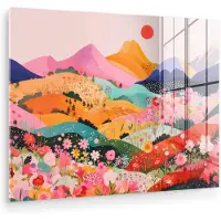 MuchoWow Glasschilderij 160x120 cm - Schilderij acrylglas - Kleurrijke bloemen - Bergen - Fantasielandschap - Foto op glas - Muurdecoratie woonkamer - Wanddecoratie slaapkamer - Schilderijen