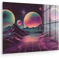 MuchoWow Glasschilderij 80x60 cm - Schilderij acrylglas - Landschap - Planeten - Horizon - Paars - Foto op glas - Muurdecoratie woonkamer - Wanddecoratie slaapkamer - Schilderijen