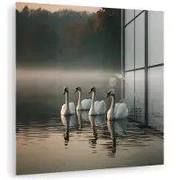 MuchoWow Glasschilderij 90x90 cm - Schilderij acrylglas - Zwanen - Wit - Water - Mist - Foto op glas - Muurdecoratie woonkamer - Wanddecoratie slaapkamer - Schilderijen