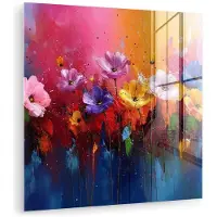 MuchoWow Glasschilderij 50x50 cm - Schilderij acrylglas - Fantasiebloemen - Verf - Speels - Foto op glas - Muurdecoratie woonkamer - Wanddecoratie slaapkamer - Schilderijen