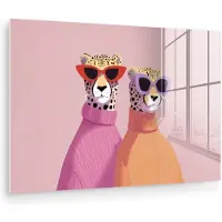 MuchoWow Glasschilderij 120x80 cm - Schilderij acrylglas - Jachtluipaarden - Zonnebrillen - Truien - Foto op glas - Muurdecoratie woonkamer - Wanddecoratie slaapkamer - Schilderijen