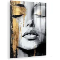 MuchoWow Glasschilderij 90x120 cm - Schilderij acrylglas - Gezicht - Vrouw - Penseelstreken - Abstract - Foto op glas - Muurdecoratie woonkamer - Wanddecoratie slaapkamer - Schilderijen