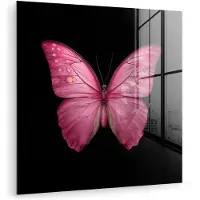 MuchoWow Glasschilderij 90x90 cm - Schilderij acrylglas - Vlinder - roze - Elegant - Foto op glas - Muurdecoratie woonkamer - Wanddecoratie slaapkamer - Schilderijen