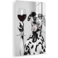 MuchoWow Glasschilderij 20x30 cm - Schilderij acrylglas - Zonnebril - Dalmatiër - Wijnglas - Tong - Foto op glas - Muurdecoratie woonkamer - Wanddecoratie slaapkamer - Schilderijen