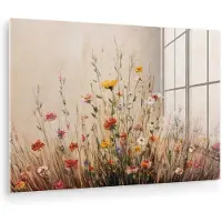 MuchoWow Glasschilderij 150x100 cm - Schilderij acrylglas - Wilde bloemen - Penseelstreken - Rustgevend - Foto op glas - Muurdecoratie woonkamer - Wanddecoratie slaapkamer - Schilderijen