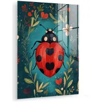 MuchoWow Glasschilderij 120x160 cm - Schilderij acrylglas - Bloemen - Lieveheersbeestje - Hartje - Rood - Foto op glas - Muurdecoratie woonkamer - Wanddecoratie slaapkamer - Schilderijen