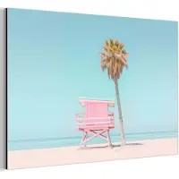 MuchoWow Aluminium schilderij 90x60 cm - Wanddecoratie metaal - Palmboom - Strandhuis - Roze - Metalen muurdecoratie woonkamer - Decoratie industrieel - Foto op dibond - Industriële accessoires slaapkamer