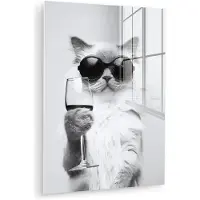 MuchoWow Glasschilderij 30x40 cm - Schilderij acrylglas - Kat - Zonnebril - Wijnglas - Langharig - Foto op glas - Muurdecoratie woonkamer - Wanddecoratie slaapkamer - Schilderijen