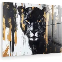 MuchoWow Glasschilderij 80x60 cm - Schilderij acrylglas - Panter - Zwart - Abstract - Verfstreken - Foto op glas - Muurdecoratie woonkamer - Wanddecoratie slaapkamer - Schilderijen