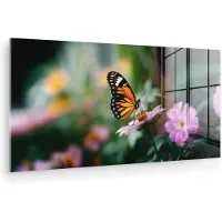 MuchoWow Glasschilderij 120x60 cm - Schilderij acrylglas - Roze bloemen - Vlinder - Zachte focus - Foto op glas - Muurdecoratie woonkamer - Wanddecoratie slaapkamer - Schilderijen