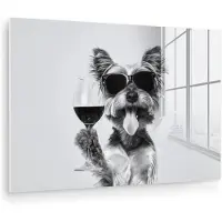 MuchoWow Glasschilderij 30x20 cm - Schilderij acrylglas - Hondje - Wijnglas - Zonnebril - Enthousiast - Foto op glas - Muurdecoratie woonkamer - Wanddecoratie slaapkamer - Schilderijen