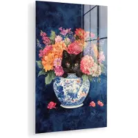 MuchoWow Glasschilderij 120x180 cm - Schilderij acrylglas - Kat - Felgekleurde bloemen - Vaas - Foto op glas - Muurdecoratie woonkamer - Wanddecoratie slaapkamer - Schilderijen