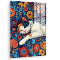 MuchoWow Glasschilderij 90x120 cm - Schilderij acrylglas - Kat - Bloemenpatroon - Blauw - Oranje - Foto op glas - Muurdecoratie woonkamer - Wanddecoratie slaapkamer - Schilderijen