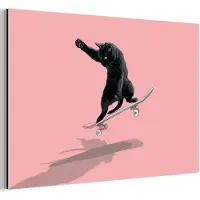 MuchoWow Aluminium schilderij 180x120 cm - Wanddecoratie metaal - Kat - Skateboard - Roze - Metalen muurdecoratie woonkamer - Decoratie industrieel - Foto op dibond - Industriële accessoires slaapkamer