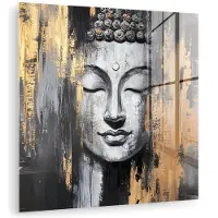MuchoWow Glasschilderij 50x50 cm - Schilderij acrylglas - Boedhha - Penseelstreken - Goud - Abstract - Foto op glas - Muurdecoratie woonkamer - Wanddecoratie slaapkamer - Schilderijen