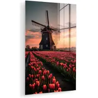 MuchoWow Glasschilderij 40x60 cm - Schilderij acrylglas - Molen - Zonsondergang - Tulpen - Rood - Foto op glas - Muurdecoratie woonkamer - Wanddecoratie slaapkamer - Schilderijen
