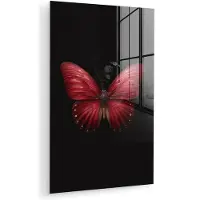 MuchoWow Glasschilderij 60x90 cm - Schilderij acrylglas - Vlinder - Rood - Minimalistisch - Foto op glas - Muurdecoratie woonkamer - Wanddecoratie slaapkamer - Schilderijen