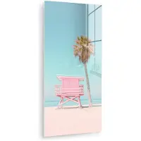 MuchoWow Glasschilderij 60x120 cm - Schilderij acrylglas - Palmboom - Strandhuis - Roze - Foto op glas - Muurdecoratie woonkamer - Wanddecoratie slaapkamer - Schilderijen