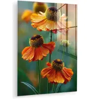 MuchoWow Glasschilderij 120x160 cm - Schilderij acrylglas - Oranje bloemen - Levendig - Wazige achtergrond - Foto op glas - Muurdecoratie woonkamer - Wanddecoratie slaapkamer - Schilderijen