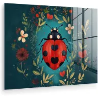 MuchoWow Glasschilderij 80x60 cm - Schilderij acrylglas - Bloemen - Lieveheersbeestje - Hartje - Rood - Foto op glas - Muurdecoratie woonkamer - Wanddecoratie slaapkamer - Schilderijen