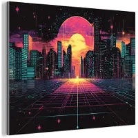 MuchoWow Aluminium schilderij 80x60 cm - Wanddecoratie metaal - Stad - Gebouwen - Zon - Geel - Metalen muurdecoratie woonkamer - Decoratie industrieel - Foto op dibond - Industriële accessoires slaapkamer