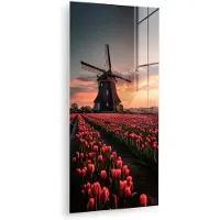 MuchoWow Glasschilderij 60x120 cm - Schilderij acrylglas - Molen - Zonsondergang - Tulpen - Rood - Foto op glas - Muurdecoratie woonkamer - Wanddecoratie slaapkamer - Schilderijen