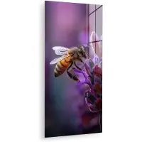 MuchoWow Glasschilderij 40x80 cm - Schilderij acrylglas - Honingbij - Paarse bloemen - Details - Foto op glas - Muurdecoratie woonkamer - Wanddecoratie slaapkamer - Schilderijen